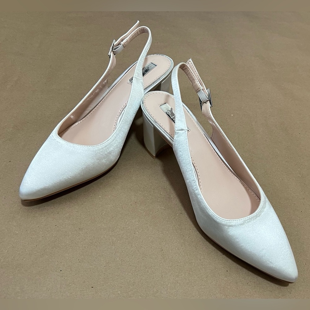 BeMine Slingback White Satin Bridal Block Heel